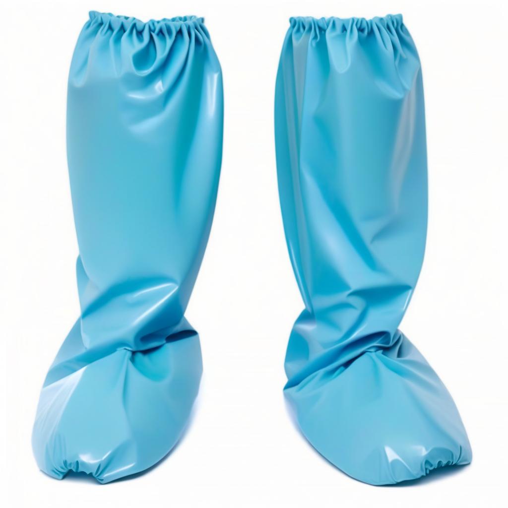  high surgical shoe covers with tape ties look like knee high boots: {The shoe covers secure around the ankle with tape ties and an elastic cuff under the knee}. (the lower part of shoe cover: 1.1) covers the entire foot (from sole to ankle: 1.1) (covered with glossy dark blue latex: 1.1) and (the upper part of shoe cover: 1.1) fits tightly to the calves (from ankle to knee: 1.1) (covered glossy dark green latex: 1.1). hyperrealistic, full body, detailed clothing, highly detailed, cinematic lighting, stunningly beautiful, intricate, sharp focus, f/1. 8, 85mm, (centered image composition), (professionally color graded), ((bright soft diffused light)), volumetric fog, trending on instagram, trending on tumblr, HDR 4K, 8K