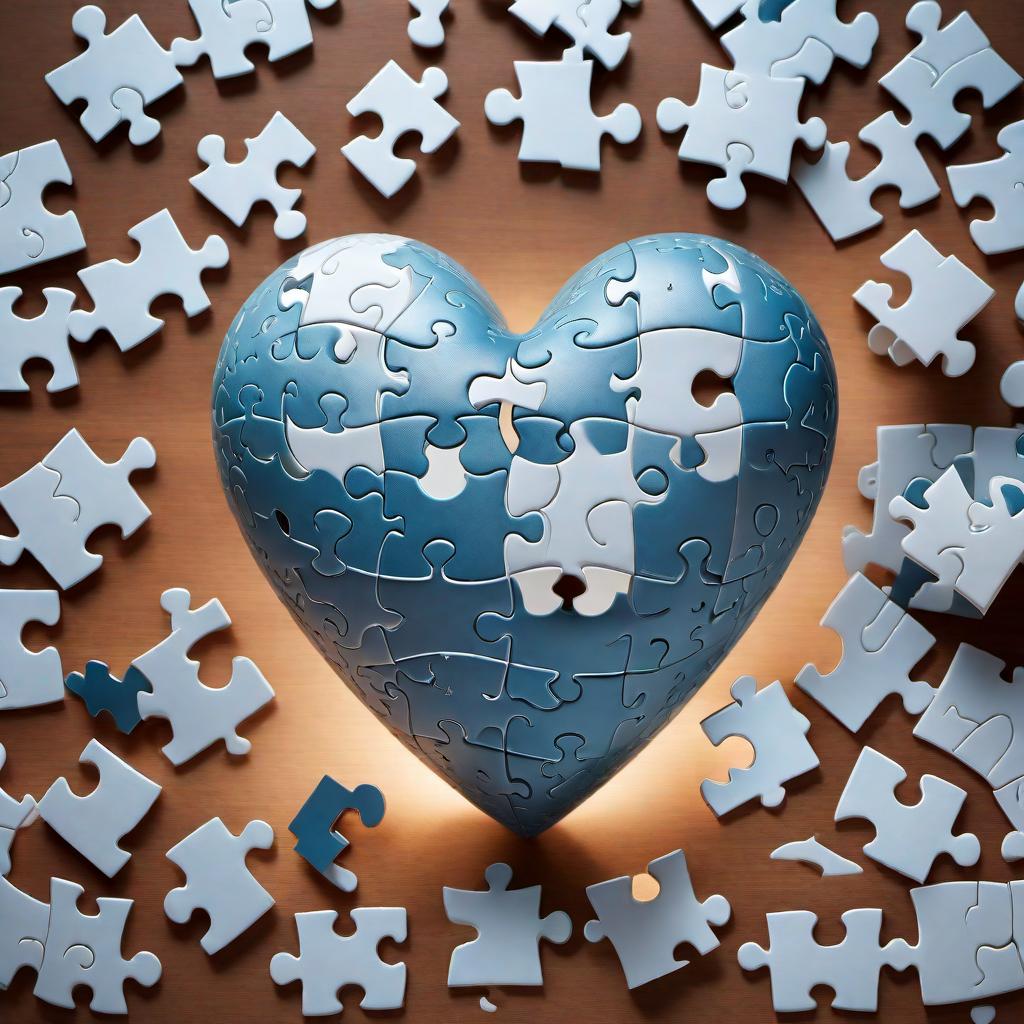  Revisualize the image of a six-piece puzzle in the shape of a heart, with the outer part of the heart also shaped like a puzzle. hyperrealistic, full body, detailed clothing, highly detailed, cinematic lighting, stunningly beautiful, intricate, sharp focus, f/1. 8, 85mm, (centered image composition), (professionally color graded), ((bright soft diffused light)), volumetric fog, trending on instagram, trending on tumblr, HDR 4K, 8K