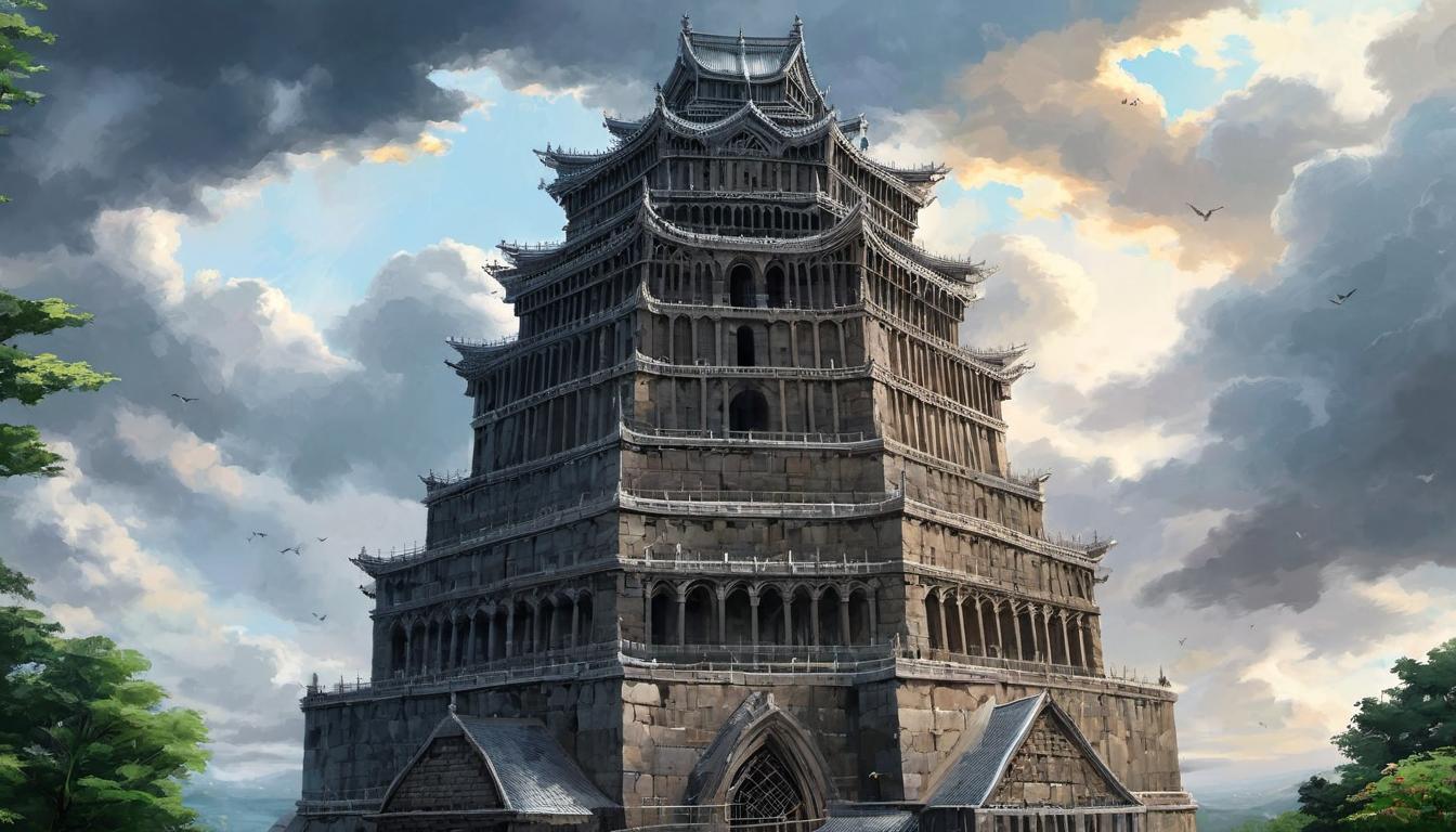  digital painting of A colossal stone tower reaching into the sky, incomplete top, surrounded by scaffolding, detailed stone bricks, overcast sky, grand, imposing, monumental looking at viewer, dynamic pose, (intricate details, masterpiece, best quality)