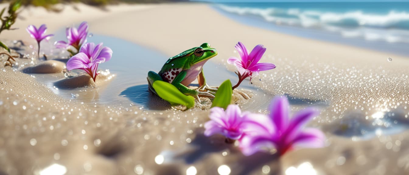  best quality, HD, Beach summer panoramic background with Darwin’s Frog flower on the cristal sand and glory water