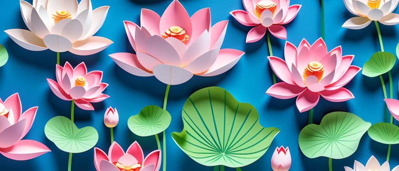  A cute Lotus on blue background, paper cut art.