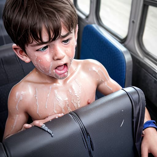  a very sweaty very young boy, caught on a public bus, is discovered by the viewer. The young 's face is rendered in exquisite detail, a look of and arousal as he realizes he's been caught the boy on the bus seat lets out a stream of warm, viscous liquid photo realistic shooting out from the tip of his huge engorged erect coating his and splattering onto the floor of the bus, the pinnacle of his is his sweaty features, high-angle shot, dramatic angle, extreme angle shot, photo-realistic, volumetric fog, 85mm lens, HDR, cinematic