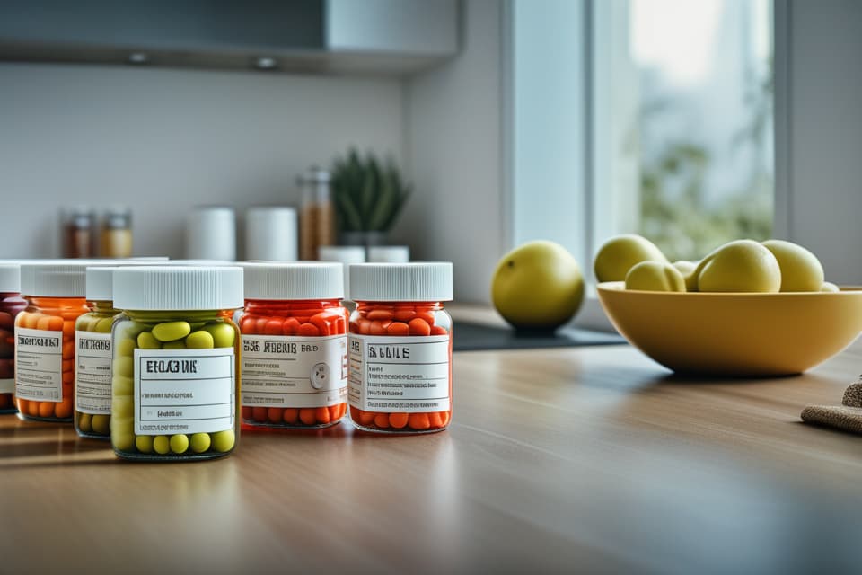  Realistic close up of a single, serene woman in her 30s, sitting at a clean, modern kitchen table. On the table, there's a neatly arranged set of pill bottles labeled with various antidepressant names. The background is a softly lit, minimalist kitchen with light colors, ensuring no distractions. The woman has a calm expression, symbolizing hope and relief. The image is highly detailed, capturing the textures of the pill bottles and the serene ambiance of the kitchen. Use high quality, photorealistic style to convey a sense of trust and effectiveness hyperrealistic, full body, detailed clothing, highly detailed, cinematic lighting, stunningly beautiful, intricate, sharp focus, f/1. 8, 85mm, (centered image composition), (professionally color graded), ((bright soft diffused light)), volumetric fog, trending on instagram, trending on tumblr, HDR 4K, 8K