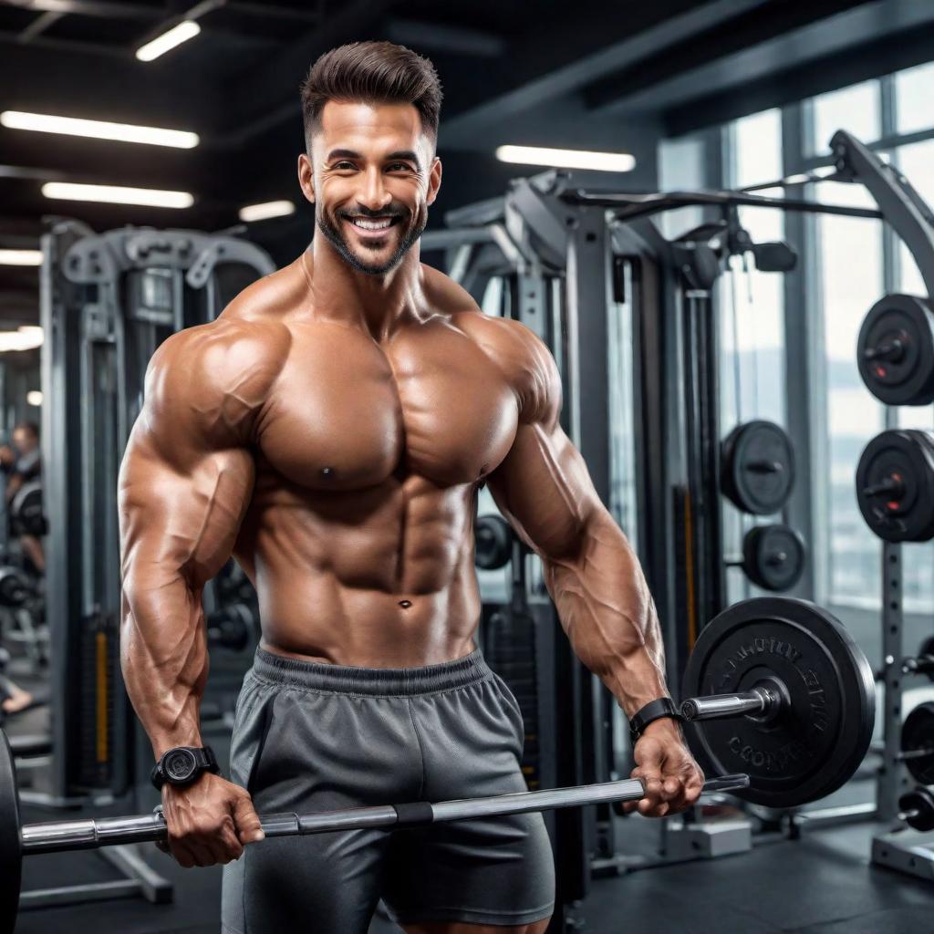  A person with a great physique working out in the gym with a smile on their face hyperrealistic, full body, detailed clothing, highly detailed, cinematic lighting, stunningly beautiful, intricate, sharp focus, f/1. 8, 85mm, (centered image composition), (professionally color graded), ((bright soft diffused light)), volumetric fog, trending on instagram, trending on tumblr, HDR 4K, 8K