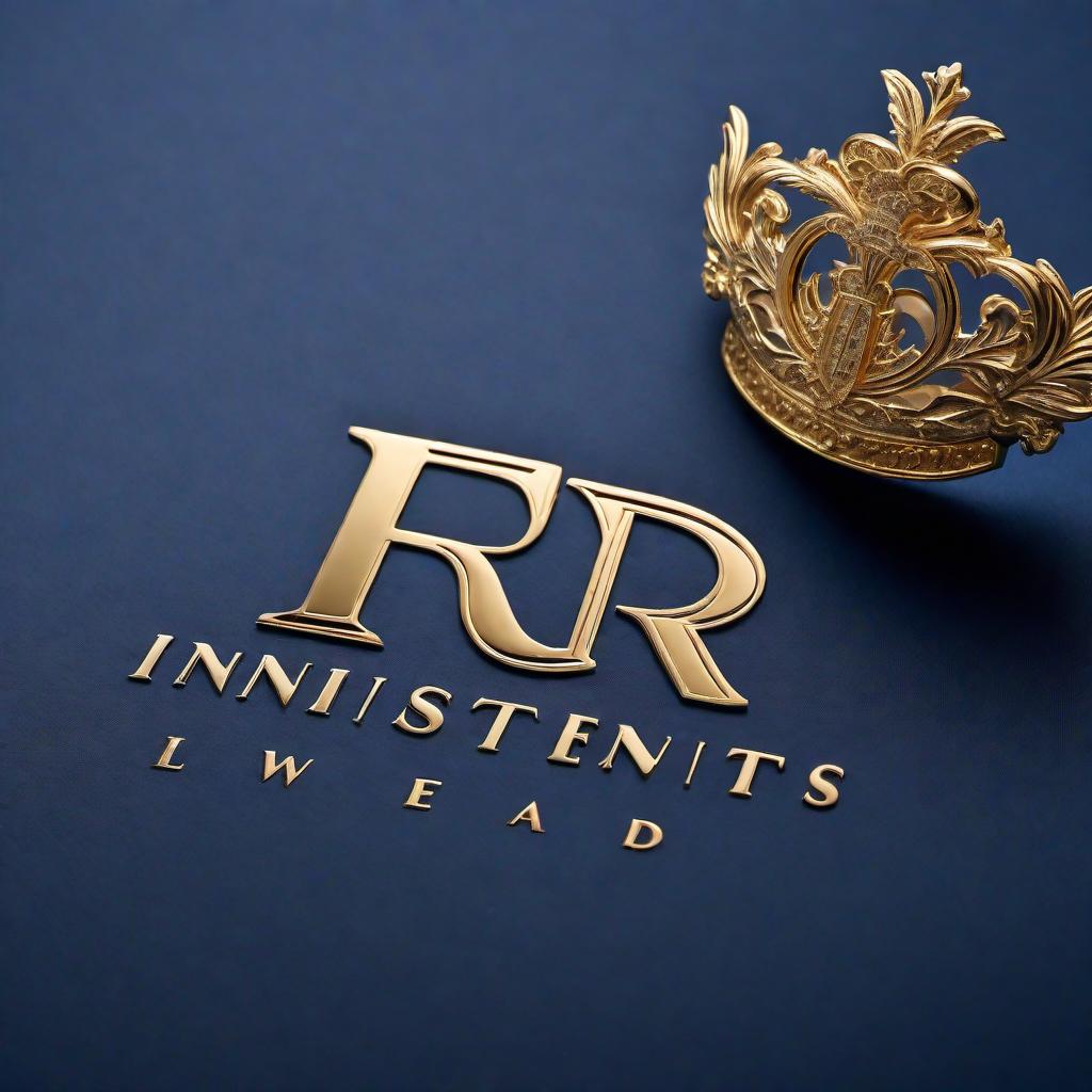  A professional and elegant logo for 'R Deal Investments' featuring only lettering in English. The text should be 'R Deal Investments' in gold lettering on a dark blue background. The design should convey a sense of trust and sophistication suitable for an investment company. hyperrealistic, full body, detailed clothing, highly detailed, cinematic lighting, stunningly beautiful, intricate, sharp focus, f/1. 8, 85mm, (centered image composition), (professionally color graded), ((bright soft diffused light)), volumetric fog, trending on instagram, trending on tumblr, HDR 4K, 8K