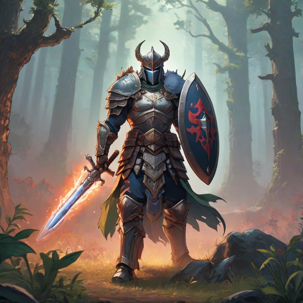  "Certainly, here is a description of a warrior with elements from the game Terraria: "An imposing warrior stands before you, his muscular body cloaked in massive armor, adorned with runes and symbols of ancient magic. His wary gaze suggests he's always prepared for battle, feats, and the defense of his allies. In his hands, he holds a hefty sword, gleaming from metal and blood of vanquished foes. A massive shield hangs from his back, adorned with his family's crest and marks of victory. In every move of this warrior, you can feel strength and determination, as if he embodies the spirit of martial prowess and unyielding defense. The ground shakes beneath his feet with mighty blows, as if nature itself submits to his warrior might. The look  hyperrealistic, full body, detailed clothing, highly detailed, cinematic lighting, stunningly beautiful, intricate, sharp focus, f/1. 8, 85mm, (centered image composition), (professionally color graded), ((bright soft diffused light)), volumetric fog, trending on instagram, trending on tumblr, HDR 4K, 8K