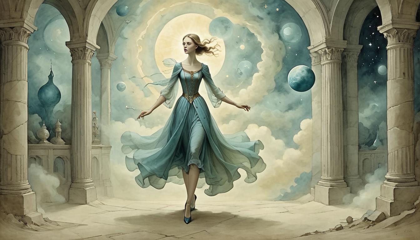  on parchment, surrealism+++, An ethereal figure gently stepping into a mundane room, room subtly transforming with celestial touches, unseen force creating change, quiet, powerful, enchanting(mysterious, provocative, symbolic,muted color)+++