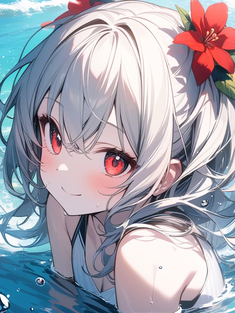  Cute, , big eyes, sea, sea, beautiful, smiling, swimwear, fluffy hair, , water splash, young face, white skin, bright red eyes, masterpiece, best quality,8k,ultra detailed,high resolution,an extremely delicate and beautiful,hyper detail