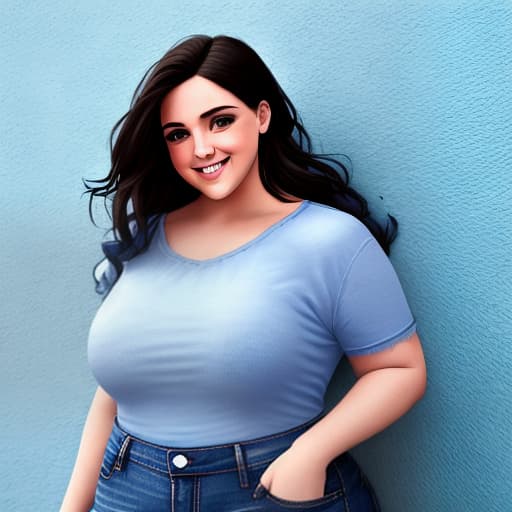  Generar una imagen de una mujer gordita hermosa sonriente cabello largo hasta los hombros vestida con una blusa fucsia y un jean azul parada en cerca a una pared blanca de Toma de cuerpo completo