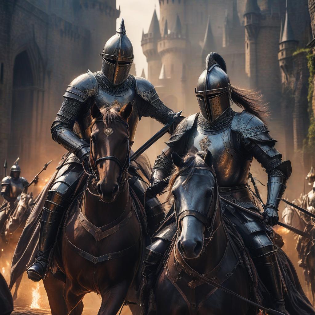  A knight's tournament, two knights on horses with spears standing face to face, against the backdrop of castle spires, detailed drawing, double exposure, epic, starburst, painting, high resolution, beautifully, frame aesthetics, depth of field, many details, dark tones, bright colors, hyperrealistic, ultra HD, fantasy art,, 30mm lens, 1/250s, f/2.8, ISO 100, 4k. hyperrealistic, full body, detailed clothing, highly detailed, cinematic lighting, stunningly beautiful, intricate, sharp focus, f/1. 8, 85mm, (centered image composition), (professionally color graded), ((bright soft diffused light)), volumetric fog, trending on instagram, trending on tumblr, HDR 4K, 8K