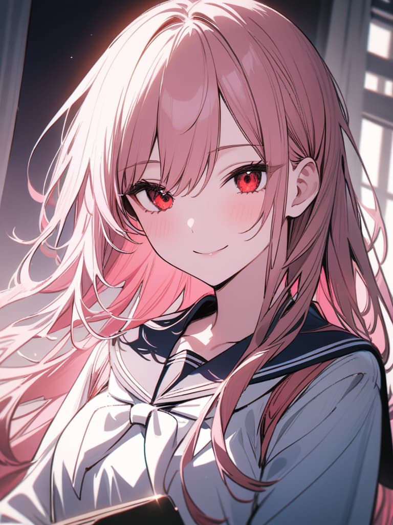  Pink hair, long hair, menhera, red eye, sailor suit, smile, masterpiece, best quality,8k,ultra detailed,high resolution,an extremely delicate and beautiful,hyper detail