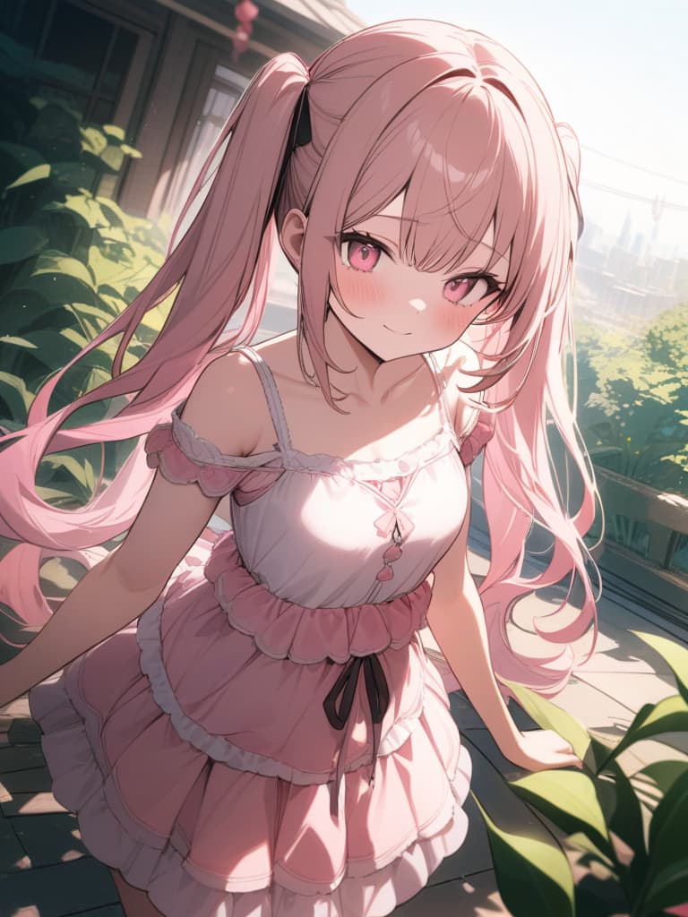  Cute, , exposure, smiling, big s, long hair, peach, pink frill dress, exposure, pink eyes, pink eyes, , , twin tail, ribbon, fluffy hair, camisole, shy eye, masterpiece, best quality,8k,ultra detailed,high resolution,an extremely delicate and beautiful,hyper detail