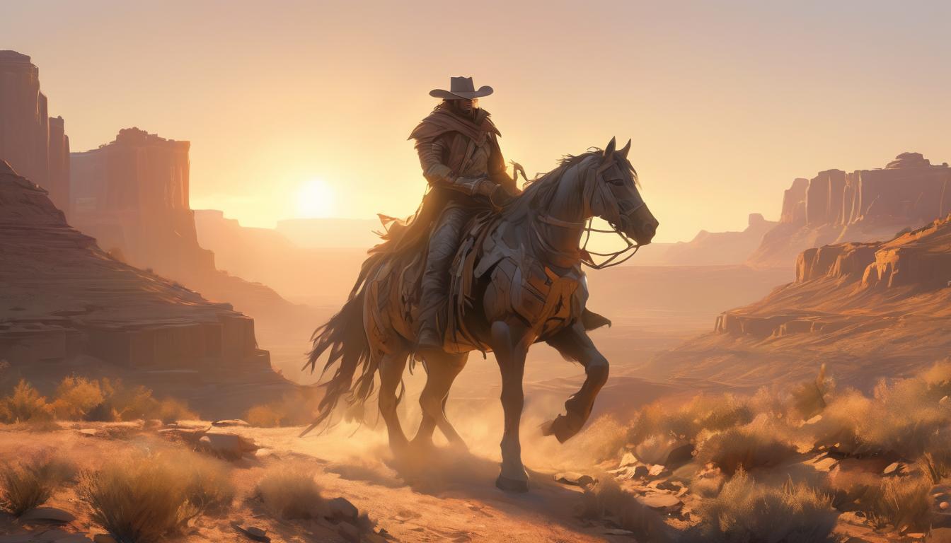  hyperrealism,fantasy aestheticA lone cowboy, wide brimmed hat, riding a horse through a rugged landscape, sunset in the background, iconic solitary figure, independent, self reliant, high tech clothing clad in sleek, futuristic costume with metallic accents and form fitting designs, marvel superhero comics style, unreal engine rendering