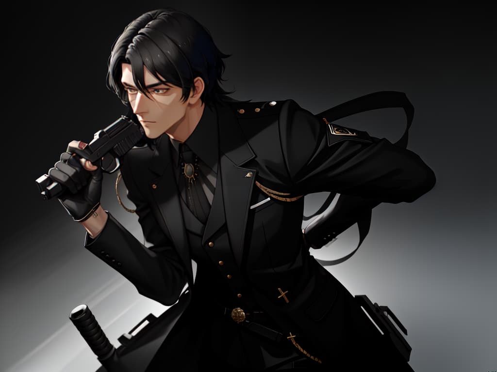  A jet black black haired king who holds a handgun, holding a handgun with his left hand and turns his back, one handsome man with a black hair, masterpiece, best quality,8k,ultra detailed,high resolution,an extremely delicate and beautiful,hyper detail hyperrealistic, full body, detailed clothing, highly detailed, cinematic lighting, stunningly beautiful, intricate, sharp focus, f/1. 8, 85mm, (centered image composition), (professionally color graded), ((bright soft diffused light)), volumetric fog, trending on instagram, trending on tumblr, HDR 4K, 8K