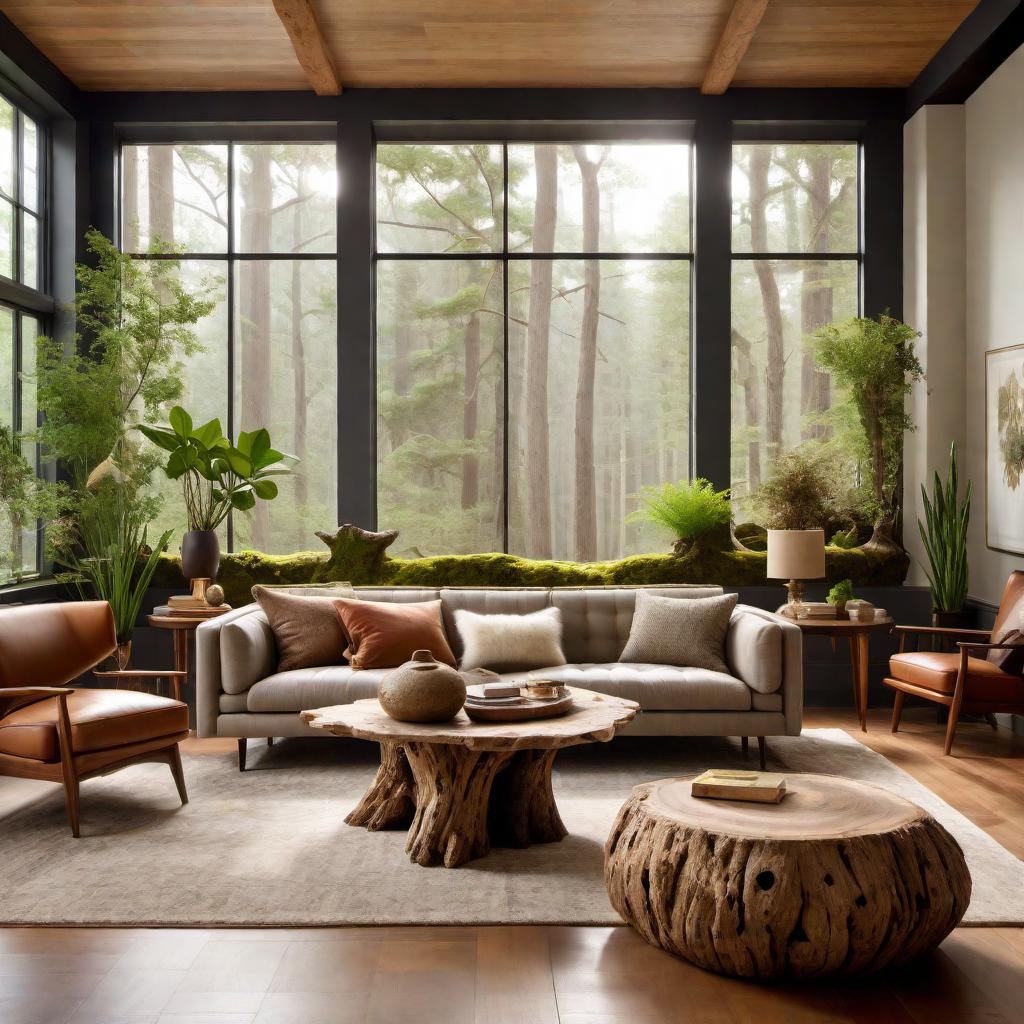  A beautifully decorated living room inspired by nature, featuring a centerpiece woodwork art piece with driftwood, moss, rocks, and mycology. The room includes natural elements like branches, roots, and stumps integrated into the decor. The space combines earthy tones, natural textures, and materials such as wood and stone. Large windows allow plenty of natural light to flood the room, highlighting the organic textures. Furniture pieces are modern yet rustic, with a cozy couch, a wooden coffee table, and indoor plants placed strategically around the room. The overall ambiance is tranquil and inviting, offering a glimpse of the outdoors within a sophisticated, stylish home setting. hyperrealistic, full body, detailed clothing, highly detailed, cinematic lighting, stunningly beautiful, intricate, sharp focus, f/1. 8, 85mm, (centered image composition), (professionally color graded), ((bright soft diffused light)), volumetric fog, trending on instagram, trending on tumblr, HDR 4K, 8K