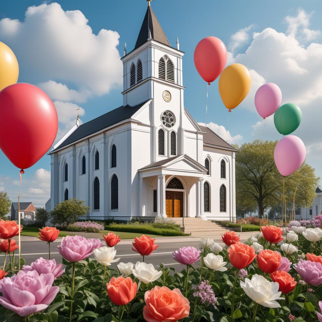  A festive image celebrating the 91st anniversary of a church. The scene should include a beautifully decorated church with a banner reading '91st Anniversary'. There should be a joyful congregation, colorful balloons, flowers, and a large cake with '91' on it. The sky should be bright and sunny, adding to the celebratory atmosphere. hyperrealistic, full body, detailed clothing, highly detailed, cinematic lighting, stunningly beautiful, intricate, sharp focus, f/1. 8, 85mm, (centered image composition), (professionally color graded), ((bright soft diffused light)), volumetric fog, trending on instagram, trending on tumblr, HDR 4K, 8K