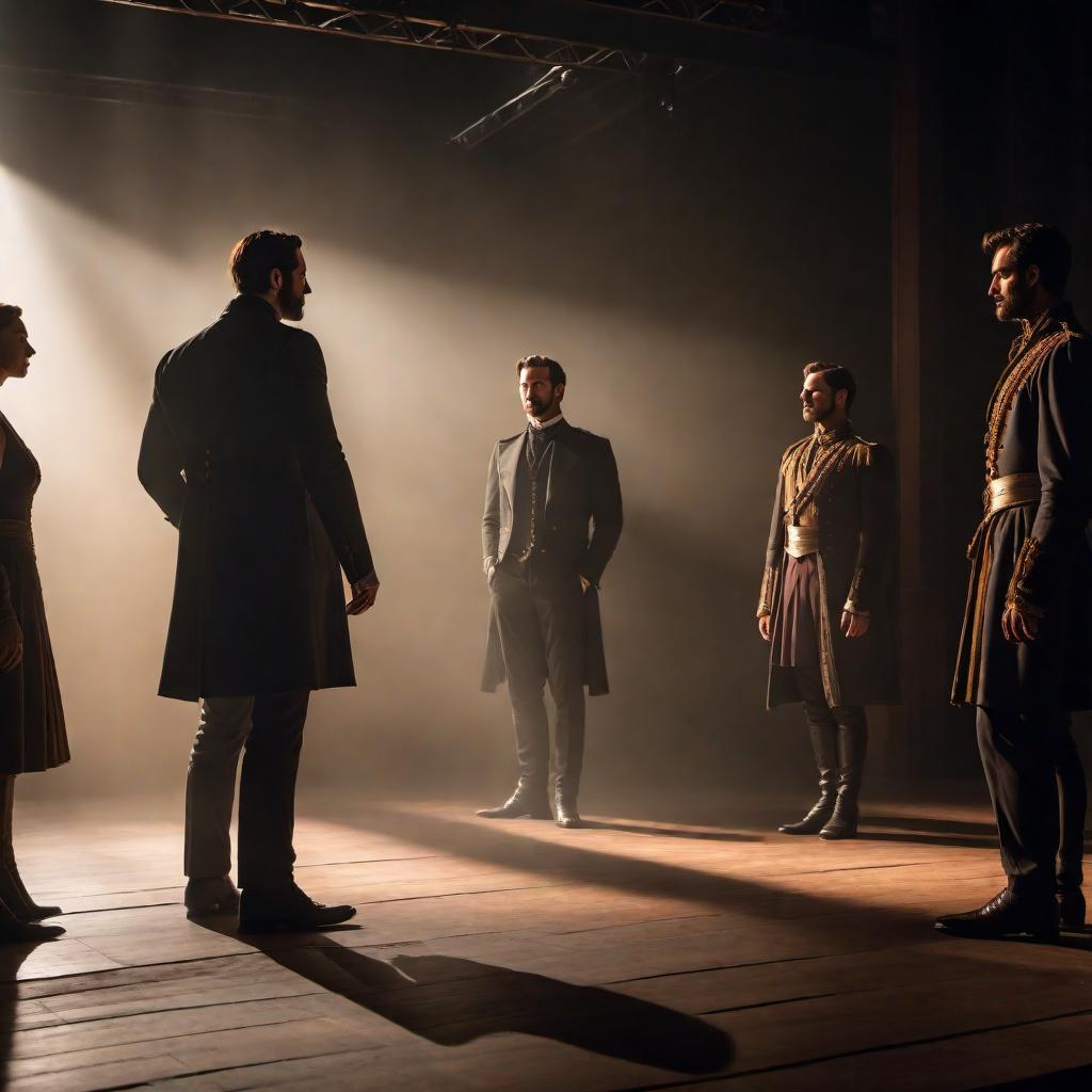  A theatrical scene where actors are performing a dramatic, tragic play. The audience is shown in shadows, but their eager faces are visible, revealing a mix of delight and fascination. The stage is illuminated with dark, moody lighting, emphasizing the tragedy being enacted. The overall feel should vividly portray the audience's love for tragedy and the performers' efforts to please them. hyperrealistic, full body, detailed clothing, highly detailed, cinematic lighting, stunningly beautiful, intricate, sharp focus, f/1. 8, 85mm, (centered image composition), (professionally color graded), ((bright soft diffused light)), volumetric fog, trending on instagram, trending on tumblr, HDR 4K, 8K