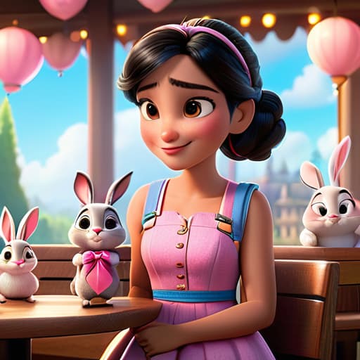  In 3d animated movie style. Disney pixar style. [Subject Description]: Paris, a bright young old with long black hair tied in two ids with pink ribbons, wearing a cute pink dress with white polka dots and a small blue backpack with bunny prints, clasping her bunny stuffed animal tightly, looking anxious. [Environment Description]: In a clroom at Fluffy Clouds pre , with colorful decorations, small tables, and chairs around, evoking a warm and friendly atmosphere. [Art Style]: High resolution, Pixar 3D animated film style with detailed rendering. [Color and Light]: Bright, soft lights with a warm feel, emphasizing the cheerful yet slightly overwhelming clroom environment. [Camera Angle and Composition]: Medium shot hyperrealistic, full body, detailed clothing, highly detailed, cinematic lighting, stunningly beautiful, intricate, sharp focus, f/1. 8, 85mm, (centered image composition), (professionally color graded), ((bright soft diffused light)), volumetric fog, trending on instagram, trending on tumblr, HDR 4K, 8K