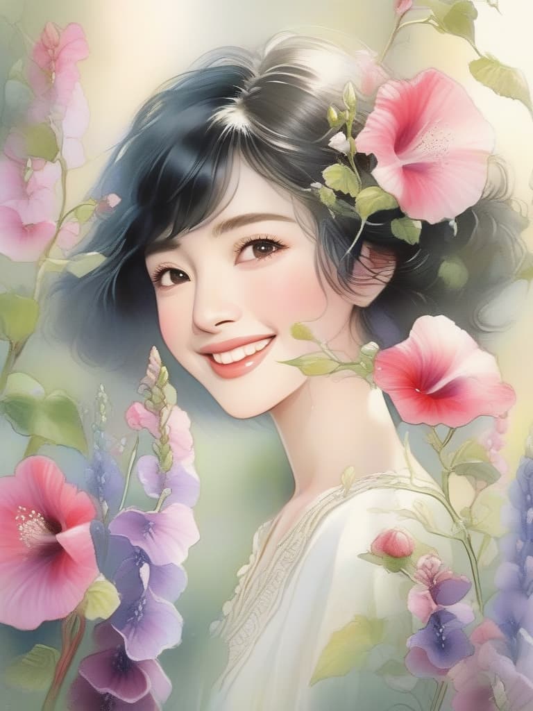  Masterpiece,one lovely lady,delicate black hair,delicate black eye color,short hair,happy smile,Hollyhocks flowers,happy colors,gentle hues,super high quality,16K, masterpiece, best quality,8k,ultra detailed,high resolution,an extremely delicate and beautiful,hyper detail