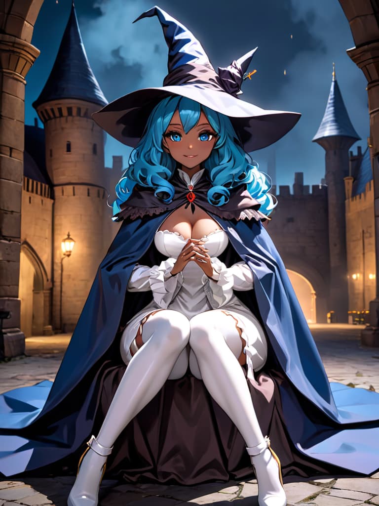  score 9, score 8 up, score 7 up, detailed, <lora:Ranni XLPD CAME:1> IncrsXLRanni, wavy hair, cracked skin, blue skin, colored skin, extra arms, extra faces, doll joints, white dress, witch hat, brown cloak, own hands together, night, (dark environment), seductive smile, castle, sitting, blush,wide shot, hyperrealistic, full body, detailed clothing, highly detailed, cinematic lighting, stunningly beautiful, intricate, sharp focus, f/1. 8, 85mm, (centered image composition), (professionally color graded), ((bright soft diffused light)), volumetric fog, trending on instagram, trending on tumblr, HDR 4K, 8K