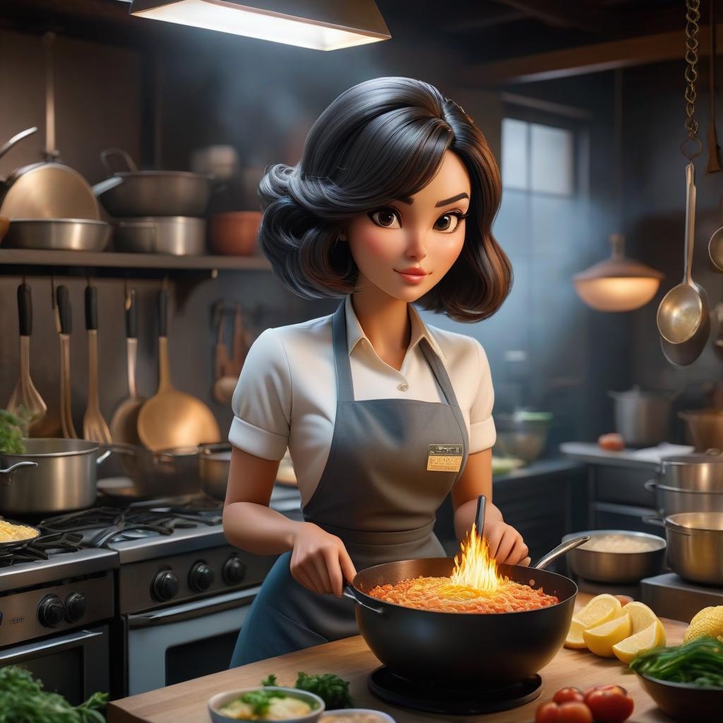  A girl cook, her hair is dark, her hairstyle is a bob cut, she is cooking. hyperrealistic, full body, detailed clothing, highly detailed, cinematic lighting, stunningly beautiful, intricate, sharp focus, f/1. 8, 85mm, (centered image composition), (professionally color graded), ((bright soft diffused light)), volumetric fog, trending on instagram, trending on tumblr, HDR 4K, 8K