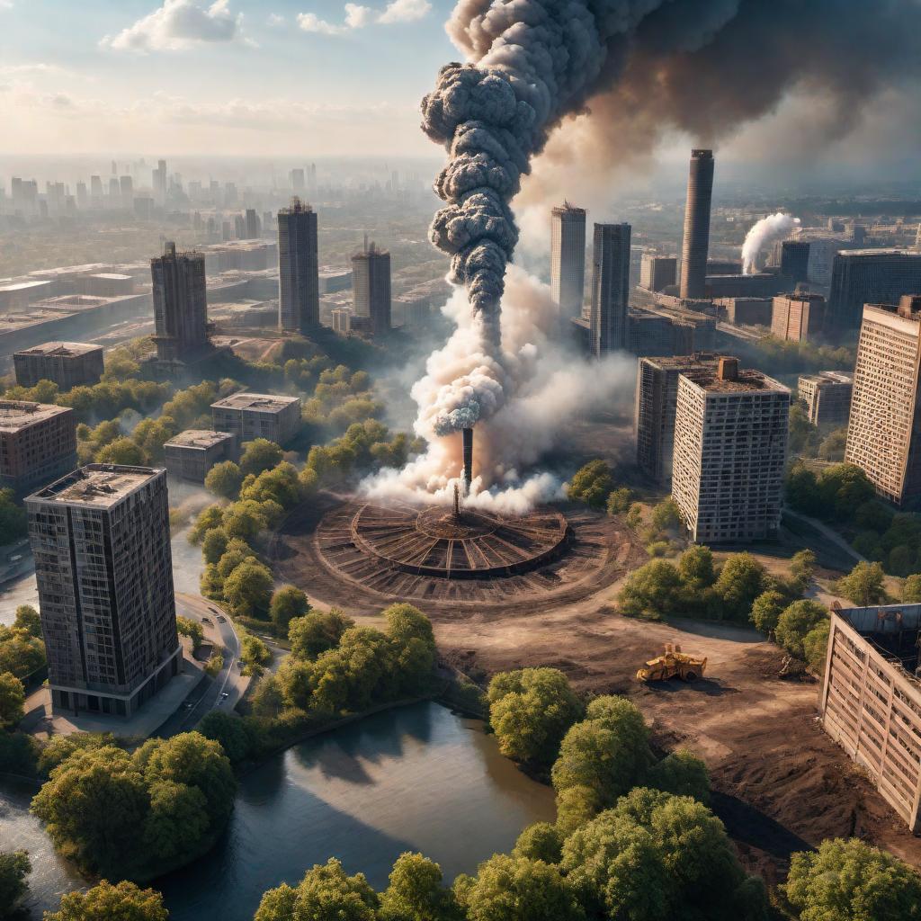  An artistic visualization showing humans destroying the Earth. The image should include elements such as deforestation, pollution, and climate change. Depict a scene where factories are emitting pollutants into the air, trees are being cut down, and a portion of the Earth is drying up with cracked soil. Additionally, include some wildlife looking distressed and a cityscape in the background to highlight urban impact. hyperrealistic, full body, detailed clothing, highly detailed, cinematic lighting, stunningly beautiful, intricate, sharp focus, f/1. 8, 85mm, (centered image composition), (professionally color graded), ((bright soft diffused light)), volumetric fog, trending on instagram, trending on tumblr, HDR 4K, 8K