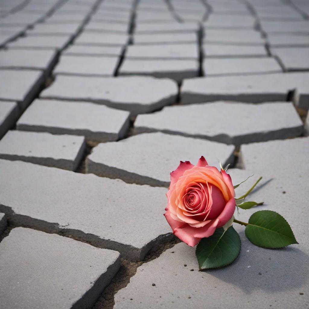  A rose growing from the concrete, with damaged petals yet still blossoming and blooming with life. In the background, people are amazed, looking at this extraordinary sight. hyperrealistic, full body, detailed clothing, highly detailed, cinematic lighting, stunningly beautiful, intricate, sharp focus, f/1. 8, 85mm, (centered image composition), (professionally color graded), ((bright soft diffused light)), volumetric fog, trending on instagram, trending on tumblr, HDR 4K, 8K