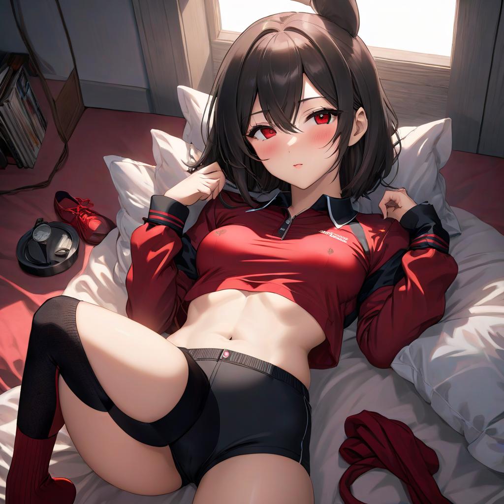  anime artwork An eigh yea , lying looking at the ceiling, beautiful face, covered her eyes with her hand, a tight fitting shirt, perfect body, big hips, black and red shorts, socks. . anime style, key visual, vint, studio anime, highly detailed hyperrealistic, full body, detailed clothing, highly detailed, cinematic lighting, stunningly beautiful, intricate, sharp focus, f/1. 8, 85mm, (centered image composition), (professionally color graded), ((bright soft diffused light)), volumetric fog, trending on instagram, trending on tumblr, HDR 4K, 8K