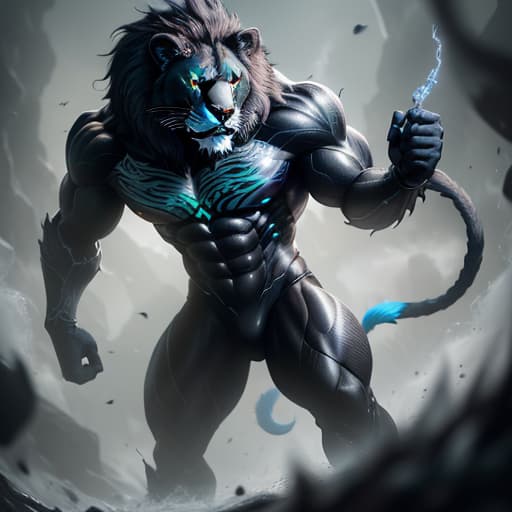  Create an AI-generated image of a fusion between Venom and a lion. The body should be that of a powerful, full-grown lion, but its skin is entirely covered with Venom's black symbiote texture. Ensure the texture includes Venom's signature swirling patterns and glossy sheen. Integrate Venom's menacing features subtly into the lion's face, with sharp teeth, white eyes, and hints of the symbiote's tendrils wrapping around its limbs and tail." , hyperrealistic, high quality, highly detailed, perfect lighting, intricate, sharp focus, f/1. 8, 85mm, (centered image composition), (professionally color graded), ((bright soft diffused light)), trending on instagram, HDR 4K, 8K