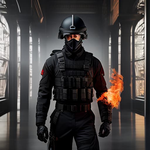  A soldier in black and red uniform without a helmet, wearing a mask, holds a flame and looks into the distance. hyperrealistic, full body, detailed clothing, highly detailed, cinematic lighting, stunningly beautiful, intricate, sharp focus, f/1. 8, 85mm, (centered image composition), (professionally color graded), ((bright soft diffused light)), volumetric fog, trending on instagram, trending on tumblr, HDR 4K, 8K