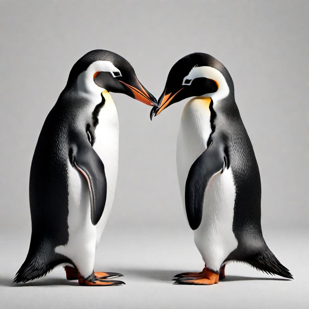  A minimalist tattoo design featuring two penguins in love. The design should show the two penguins standing close to each other, perhaps with their beaks touching or a small heart between them. Use clean lines and simple shapes to maintain the minimalist aesthetic. Black and white colors only. hyperrealistic, full body, detailed clothing, highly detailed, cinematic lighting, stunningly beautiful, intricate, sharp focus, f/1. 8, 85mm, (centered image composition), (professionally color graded), ((bright soft diffused light)), volumetric fog, trending on instagram, trending on tumblr, HDR 4K, 8K