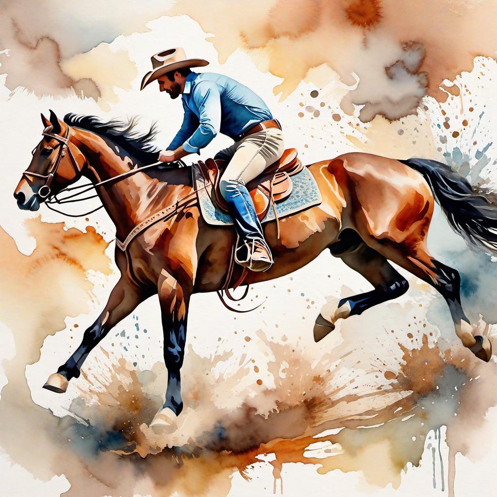  Create a watercolor painting of a man ridding a bucking horse at a rodeo. The background features soft, watercolor style splashes in earthy tones, giving the image an artistic and dreamy feel. Ensure the overall image has a delicate watercolor effect.