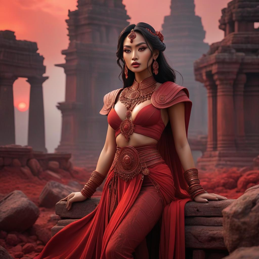  landscape in red tones, ruins of ancient temples, the underworld of Hades, the kingdom of the dead hyperrealistic, full body, detailed clothing, highly detailed, cinematic lighting, stunningly beautiful, intricate, sharp focus, f/1. 8, 85mm, (centered image composition), (professionally color graded), ((bright soft diffused light)), volumetric fog, trending on instagram, trending on tumblr, HDR 4K, 8K