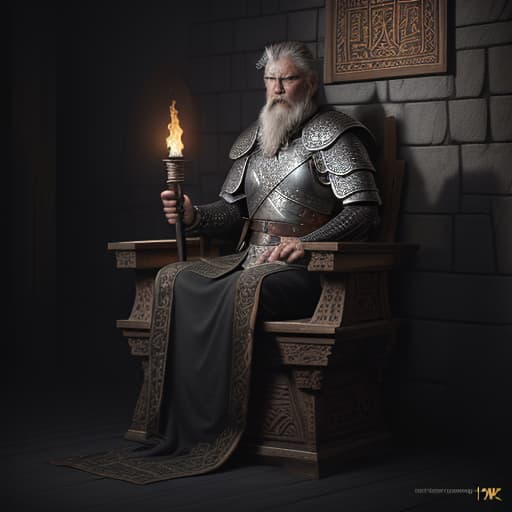  Highest quality, masterpiece, photorealistic, medium shot, RAW photo, of (a weary-looking but still proud and fierce-looking old Viking warrior, now the leader of his village, dressed in elaborately detailed chain mail and leather armour, sitting on a carved wooden throne furrowed with Viking runes and symbols, in the village meeting hall, on his lap rests an elaborately carved and beautifully crafted longsword, a few torches burn on the walls, giving the scene a dark atmosphere but sculpting the forms in sharp chiaroscuro), it is night time, (highly detailed skin), skin texture, (detailed face), detailed background, sharp focus, dark lighting, twilight lighting, volumetric lighting, highly detailed, intricate details, 8k, highly detailed,  hyperrealistic, full body, detailed clothing, highly detailed, cinematic lighting, stunningly beautiful, intricate, sharp focus, f/1. 8, 85mm, (centered image composition), (professionally color graded), ((bright soft diffused light)), volumetric fog, trending on instagram, trending on tumblr, HDR 4K, 8K