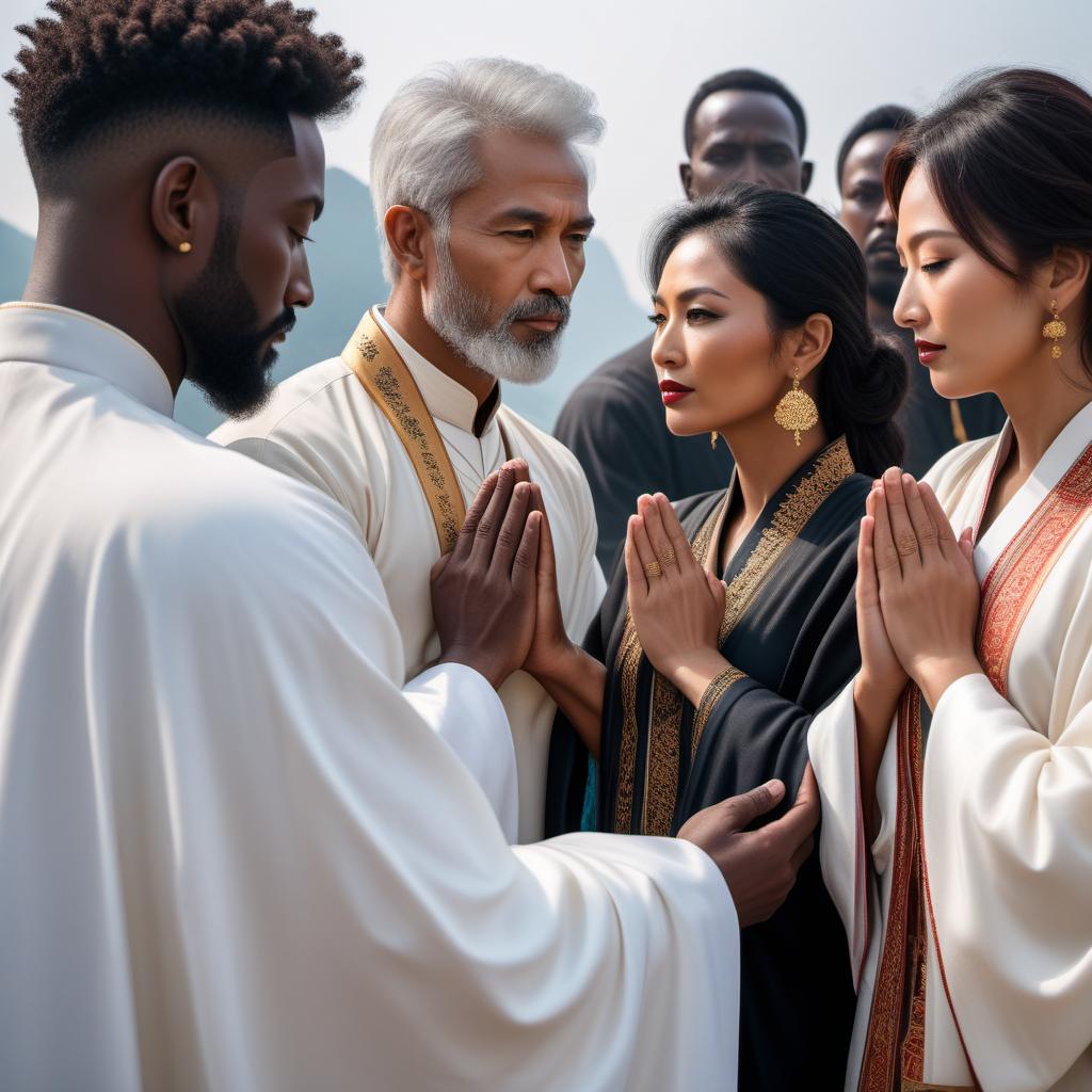  A striking image where people of diverse nationalities—white, black, Chinese, Japanese, Indian, and African—are gathered in unity, standing together and praying earnestly for global peace. The background features a fusion of countries from around the world, representing humanity's shared journey towards harmony. The scene should emphasize diversity, unity, and peace. hyperrealistic, full body, detailed clothing, highly detailed, cinematic lighting, stunningly beautiful, intricate, sharp focus, f/1. 8, 85mm, (centered image composition), (professionally color graded), ((bright soft diffused light)), volumetric fog, trending on instagram, trending on tumblr, HDR 4K, 8K