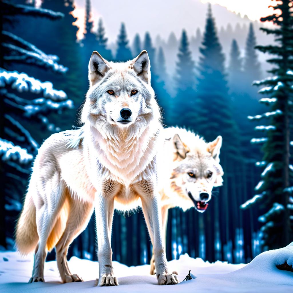  A magical white snowy wolf with large and high white horns on its head against a backdrop of a snowy forest., hkmagic hyperrealistic, full body, detailed clothing, highly detailed, cinematic lighting, stunningly beautiful, intricate, sharp focus, f/1. 8, 85mm, (centered image composition), (professionally color graded), ((bright soft diffused light)), volumetric fog, trending on instagram, trending on tumblr, HDR 4K, 8K