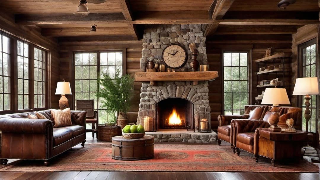  Vintage log cabin interior with antique wooden furniture, weathered beams, rustic stone fireplace, vintage lamps, antique rugs, distressed bookshelves, old fashioned trunks, and heirloom decorations, soft warm lighting reflecting charming historical elements.