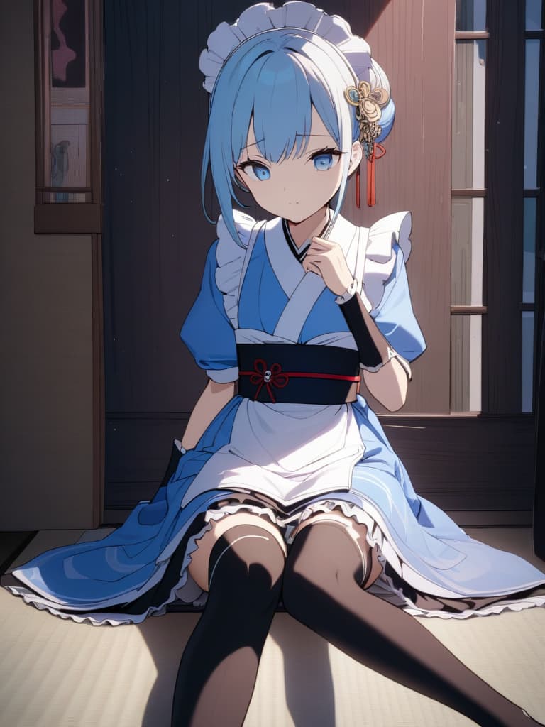  ((Kimono, Kimono Maid, Japanese Style Maid, Wearing Maid Apron Over Kimono, Blue Kimono, Mini Length Kimono, Knee High Socks, Black Tights) CK Hair, Light Blue Eyes, SHY, EMBARRED FACE, MAID HAIR Accessory, Japanese Patterned Kimono, Japanese Style Cafe, Cute, Beautiful Girl, Beautiful, Bes T Shadow, Cute and Beautiful Face, (Masterpiece: 1.2), (Best Quounty: 1.2), Detailed Background, High Contrast, (Best Illumination, An Extremely Delicate and Beautiful), ((Cinematic Light)), Hyper Detail, I, I NTRICATE DETAILS, 8K, Anime, VERY AESTHETIC, close camera work, from head to knee Be, masterpiece, best quality,8k,ultra detailed,high resolution,an extremely delicate and beautiful,hyper detail