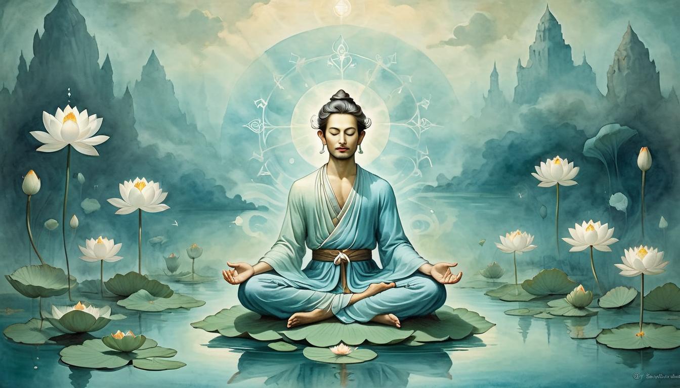  on parchment, surrealism+++, Serene figure in meditation, cross legged, eyes closed, soft glowing aura around, seated on a floating lotus, peaceful, contemplative(mysterious, provocative, symbolic,muted color)+++