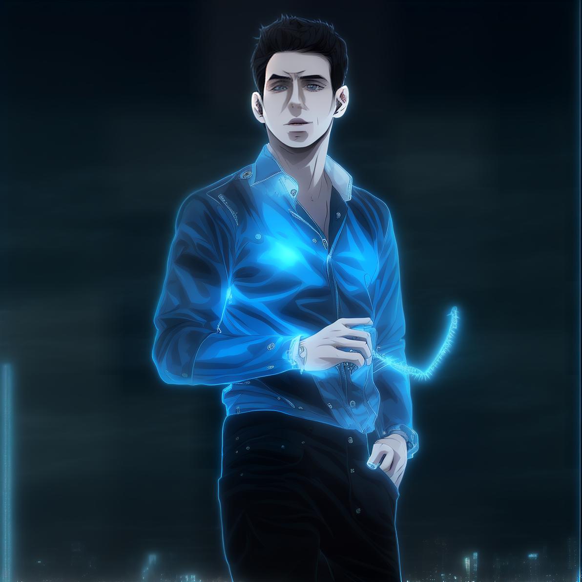 mdjrny-v4 style Create an anime style image of a young man with short, spiky black hair and blue eyes. He is wearing a black jacket, white shirt, dark jeans, and combat boots. The background is an urban city at dusk with neon lights.