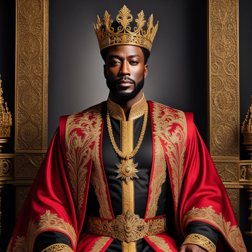  A majestic Black King wearing a golden crown and royal robes. He stands tall and proud on a grand throne with intricate designs. The background should include an opulent palace interior, with elaborate architectural details, rich tapestries, and glowing chandeliers, all accentuating the regality and power of the Black King. hyperrealistic, full body, detailed clothing, highly detailed, cinematic lighting, stunningly beautiful, intricate, sharp focus, f/1. 8, 85mm, (centered image composition), (professionally color graded), ((bright soft diffused light)), volumetric fog, trending on instagram, trending on tumblr, HDR 4K, 8K