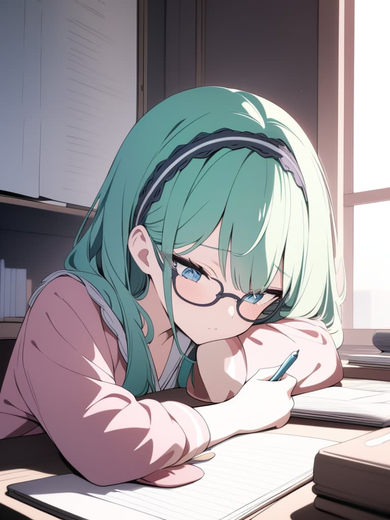  ((gles,eye wear,studying,hairband)),worried expression,exam candidate,green hair,blue eyes,chin resting on hand,pajamas,cute,beautiful girl,beautiful,desk,studying at desk,((studying,studying,high quality,notebook,holding writing utensil,right handed))、ultra detailed,best shadow,cute and beautiful face,(masterpiece:1.2),(best quality:1.2),detailed background,high contrast,(best illumination,an extremely delicate and beautiful),((cinematic light)),hyper detail,dramatic light,intricate details,8k,anime,very aesthetic, masterpiece, best quality,8k,ultra detailed,high resolution,an extremely delicate and beautiful,hyper detail