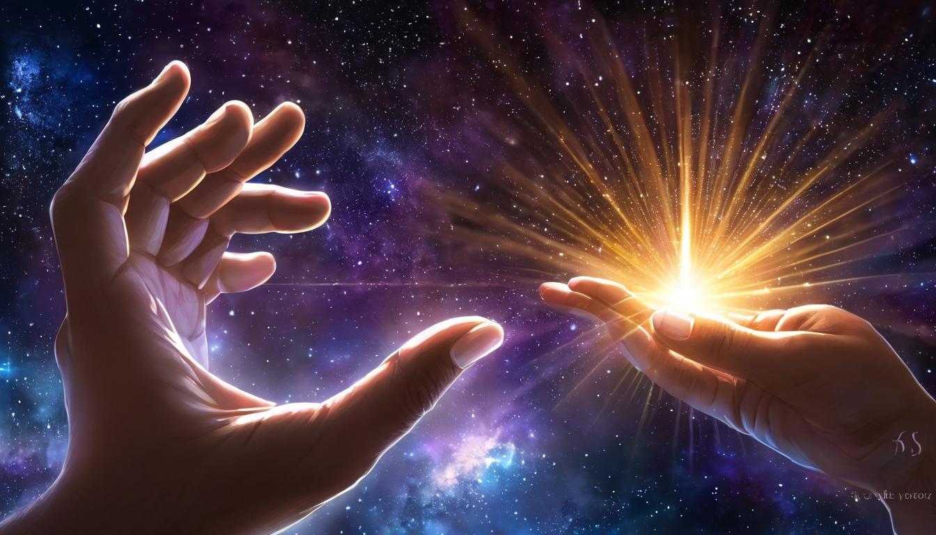  digital illustration, 1hand, illuminated by a radiant light, palm open upwards, rays of light streaming from the fingertips, background of cosmic stars, empowering, mystical, dynamic energy, transformation, looking at viewer, dynamic pose, (intricate details, masterpiece, best quality)