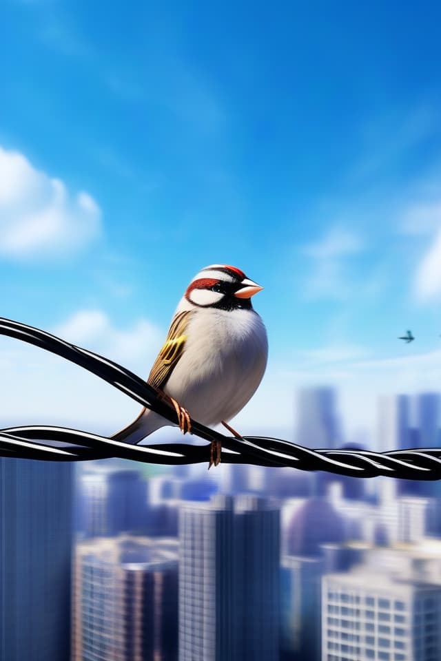  ((High quality, high quality, super resolution, good anatomy)) MasterPEACE, Best of the best, beautiful blue sky, downtown, electric wire, sparrow