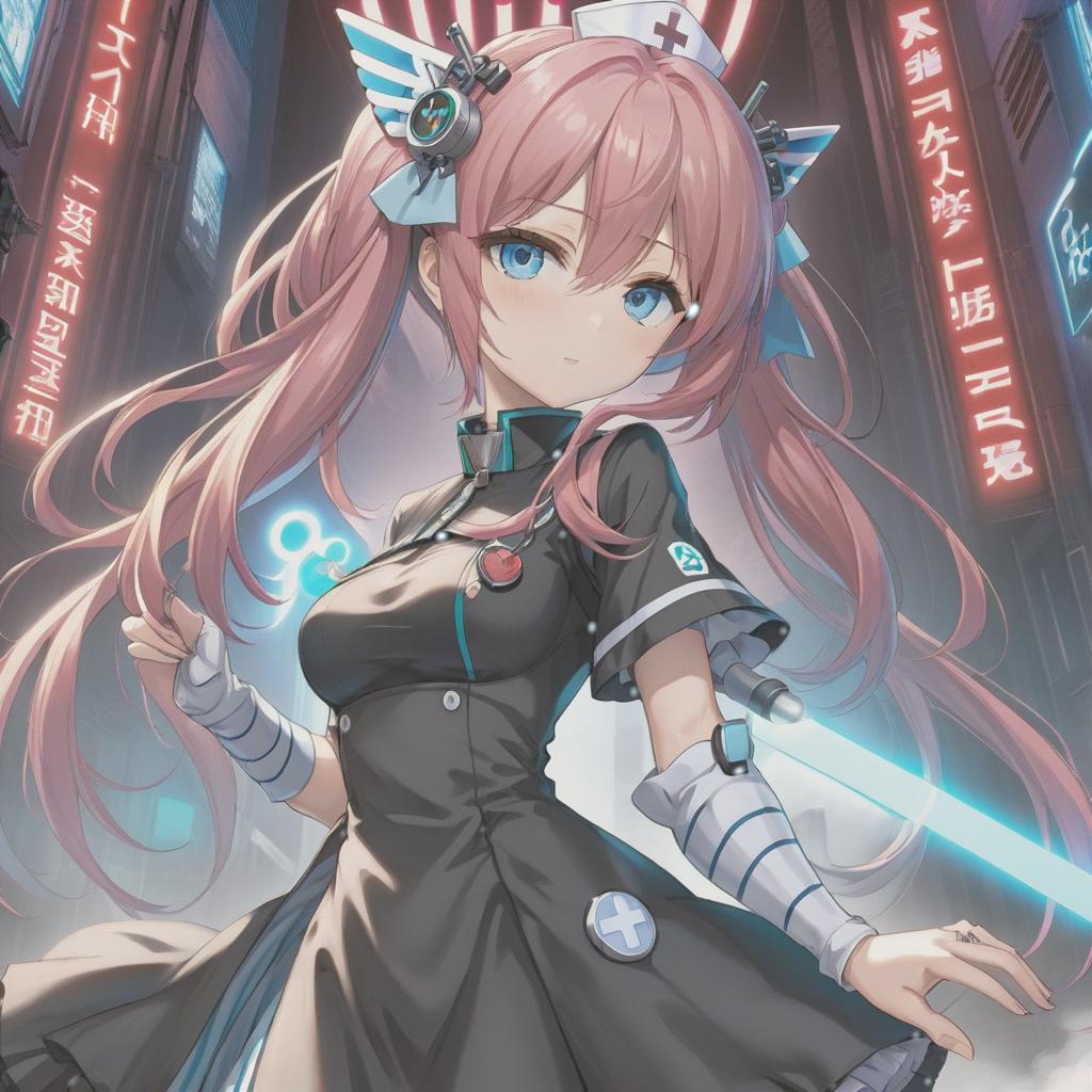  anime artwork Anime girl with rosy hair to the shoulders, blue eyes, nurse, scientist, cyberpunk, black dress with high neckline and sleeve length up to wrists. There are blue stripes on the sleeves and neckline. . anime style, key visual, vibrant, studio anime, highly detailed hyperrealistic, full body, detailed clothing, highly detailed, cinematic lighting, stunningly beautiful, intricate, sharp focus, f/1. 8, 85mm, (centered image composition), (professionally color graded), ((bright soft diffused light)), volumetric fog, trending on instagram, trending on tumblr, HDR 4K, 8K