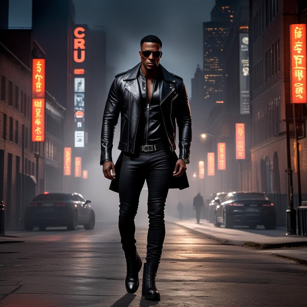  A powerful black character dressed in all black modern urban attire. He exudes strength and confidence, standing tall with a commanding presence. His outfit consists of a stylish black leather jacket, black jeans, and sleek black boots. His eyes constantly glow with a fiery intensity, symbolizing his inner power and determination. The urban setting around him is dark and gritty, with city lights and shadows creating a dramatic atmosphere. hyperrealistic, full body, detailed clothing, highly detailed, cinematic lighting, stunningly beautiful, intricate, sharp focus, f/1. 8, 85mm, (centered image composition), (professionally color graded), ((bright soft diffused light)), volumetric fog, trending on instagram, trending on tumblr, HDR 4K, 8K