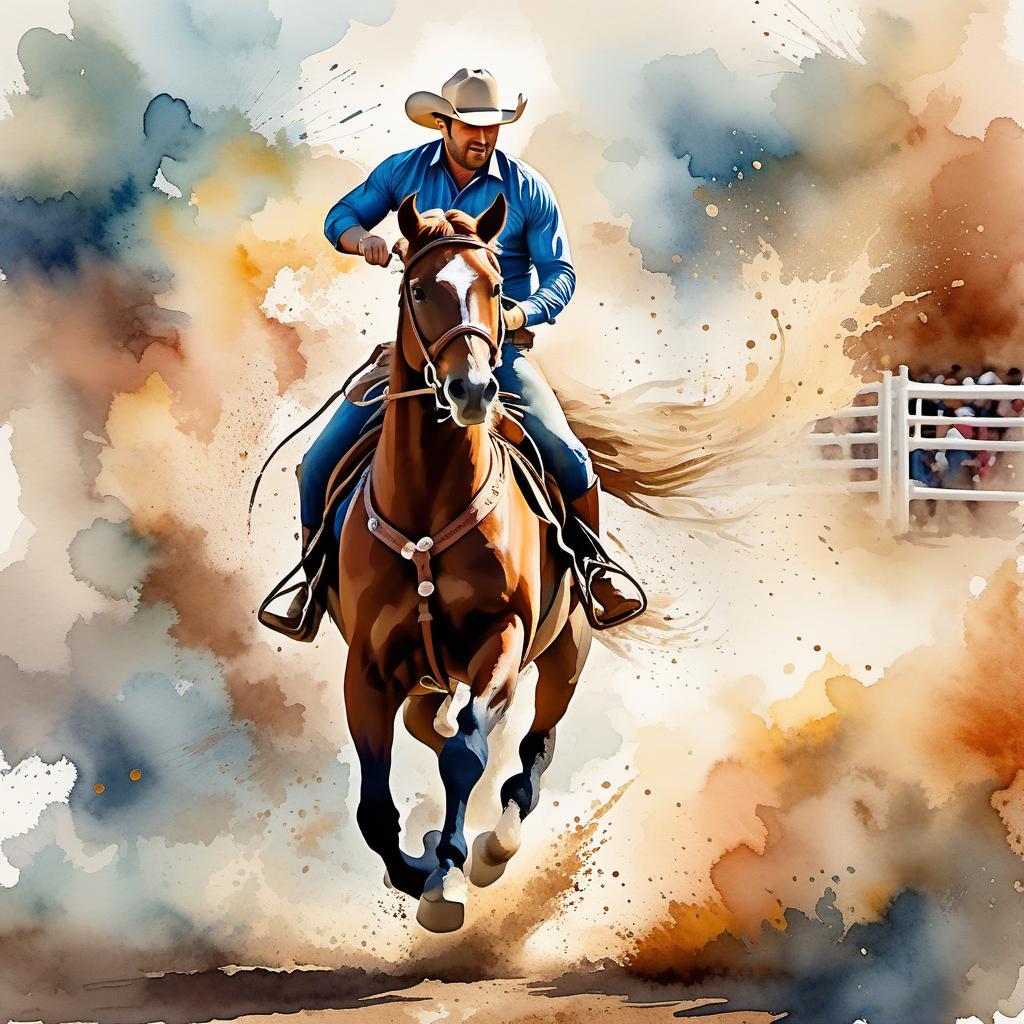  Create a watercolor painting of a man ridding a bucking horse at a rodeo. The background features soft, watercolor style splashes in earthy tones, giving the image an artistic and dreamy feel. Ensure the overall image has a delicate watercolor effect.