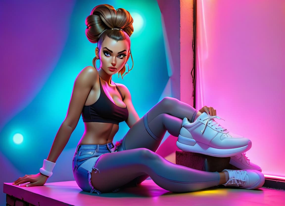  A girl is sitting on the roof of a night city, her hair in a bun, her hair dark, wearing denim shorts and white sneakers, profile view. hyperrealistic, full body, detailed clothing, highly detailed, cinematic lighting, stunningly beautiful, intricate, sharp focus, f/1. 8, 85mm, (centered image composition), (professionally color graded), ((bright soft diffused light)), volumetric fog, trending on instagram, trending on tumblr, HDR 4K, 8K