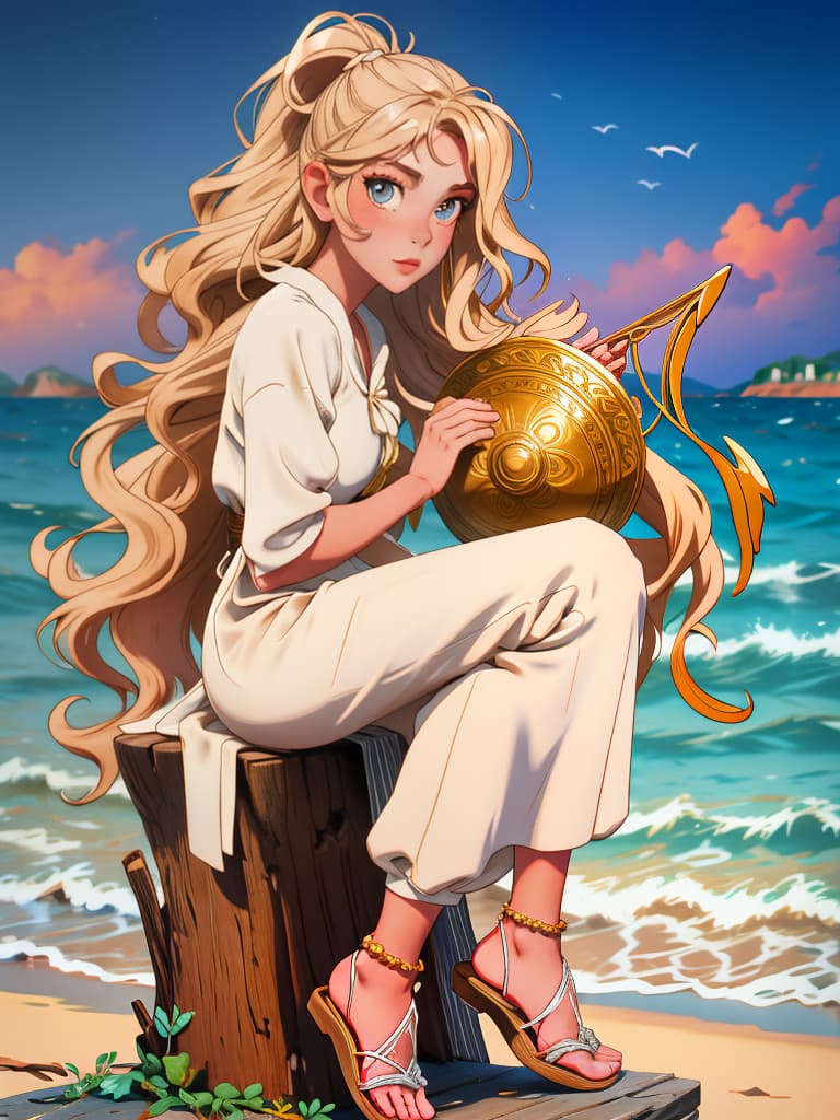  award winning, professional, highly detailed, breathtaking sea nymph, lyre stringed harp, sitting, rock, ocean spray, ocean storm, driftwood, toga, angelic, sea front view, , , photorealistic, raw photo, (1girl, looking at viewer), long hair, blond, oasis, sandals, eyeshadow, witch, maiden, fisherman fins, translucent white toga, intricate dress, delicate wood filigree, intricate filigree, pearl metalic parts, detailed part, dynamic pose, detailed background, dynamic lighting,(textured skin:1.3)