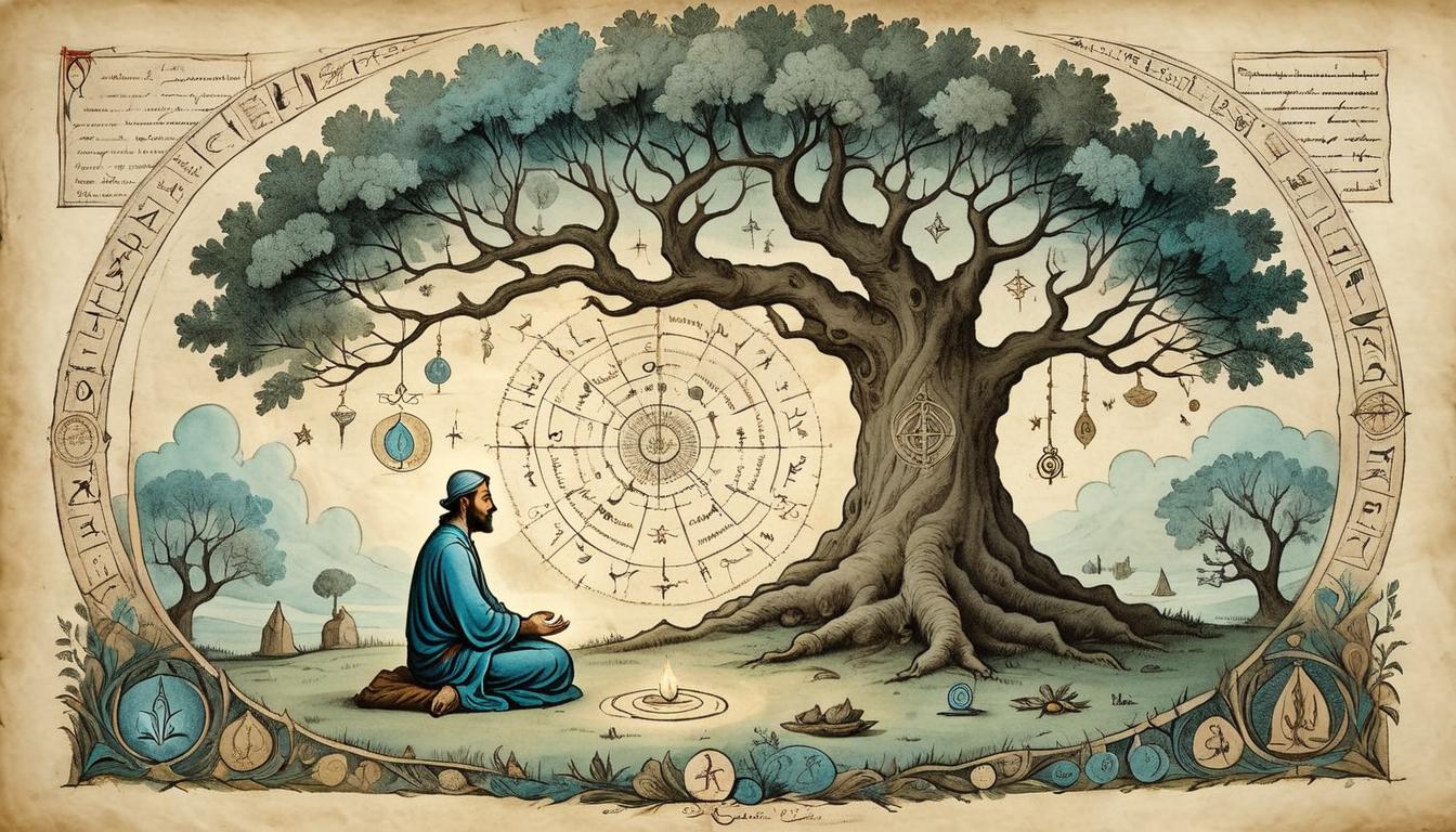  on parchment, surrealism+++, A figure meditating under a tree, surrounded by symbols of insight and guidance, illuminated by soft, divine light, contemplative, serene(mysterious, provocative, symbolic,muted color)+++